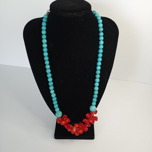 Set of 2 Womens Necklace Stone Bracelet, Turquoise Coral  Nautical Boho Red - Picture 2 of 6